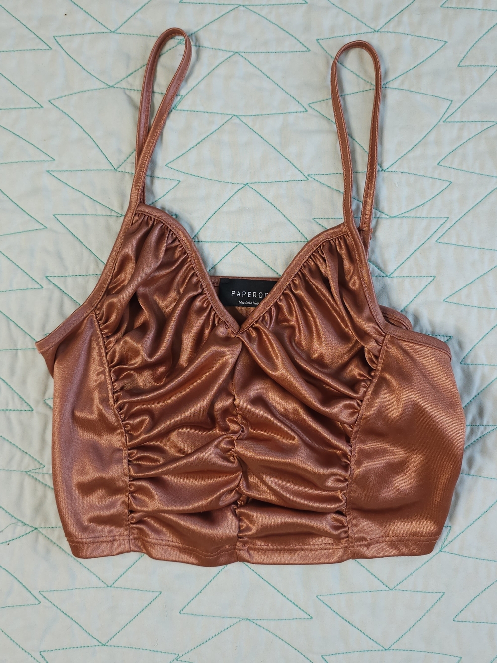 Paperoc Copper Satin Cropped Sleeveless Ruched Cami Tank Top